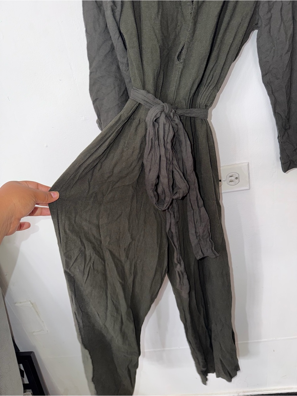Indah Olive Tie-Waist Long-Sleeve Jumpsuit